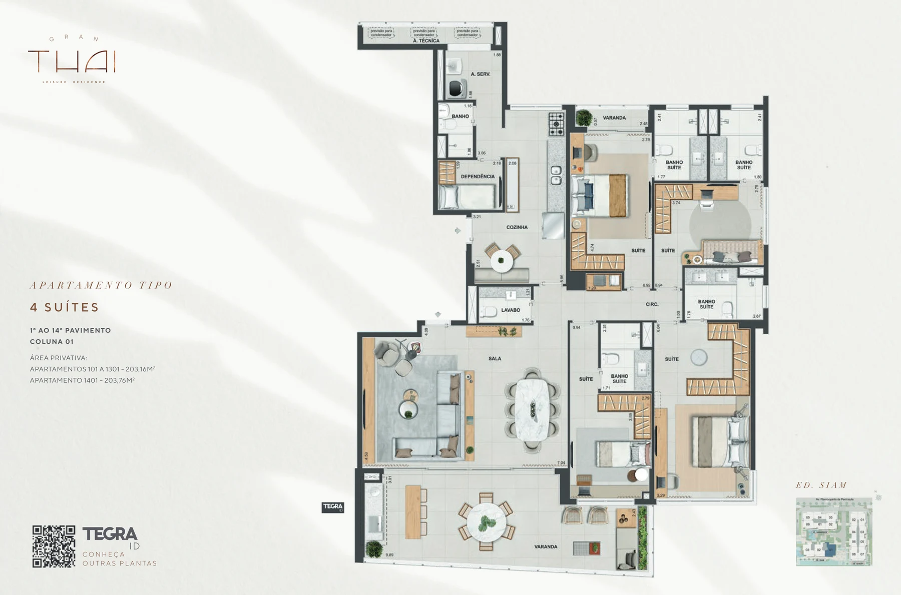 Planta 4 suítes — 172 a 210 m² — Gran Thai