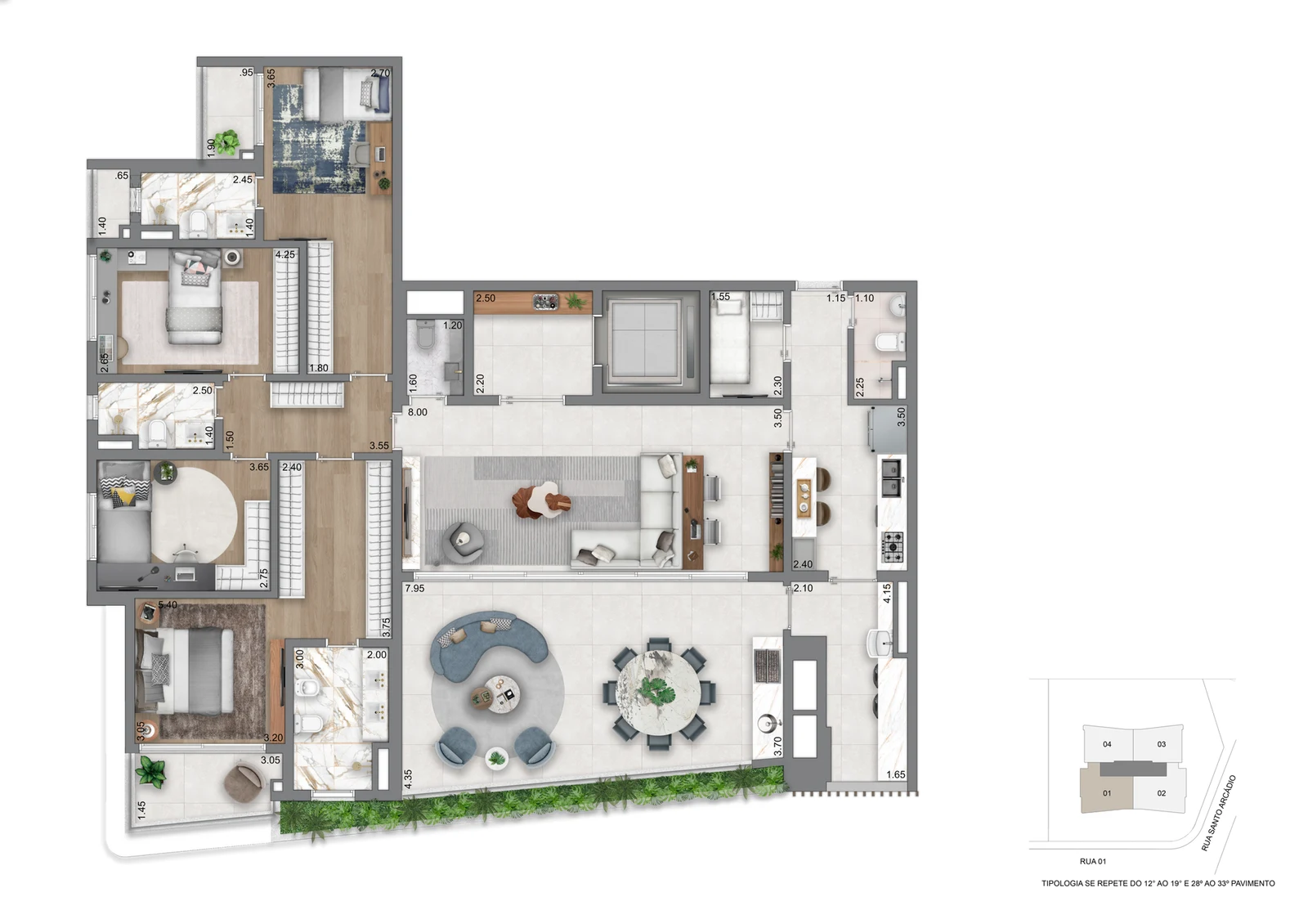 Planta padrão 208 m² · 3 suítes