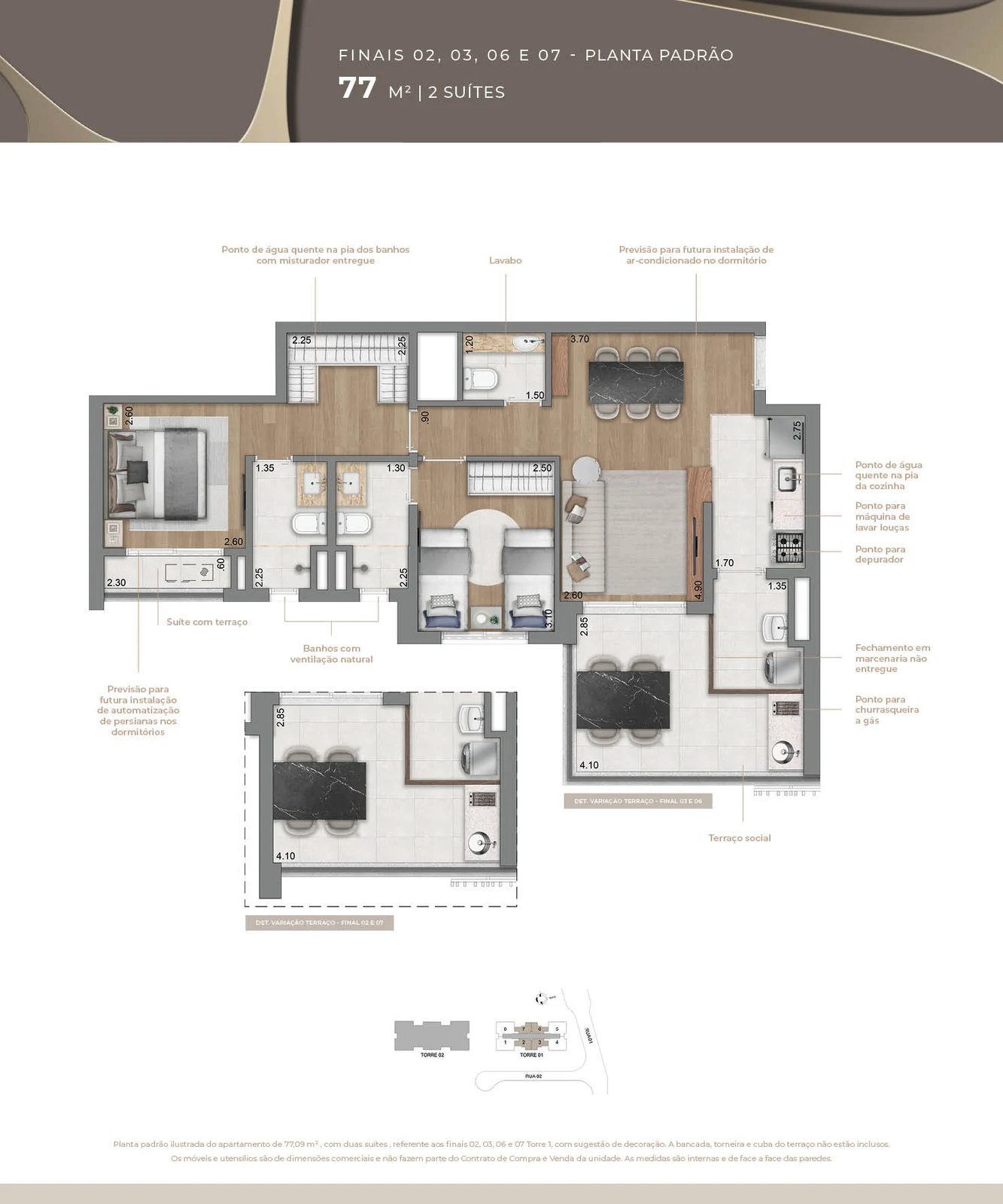 Torre 1 · 77 m² · 2 suítes