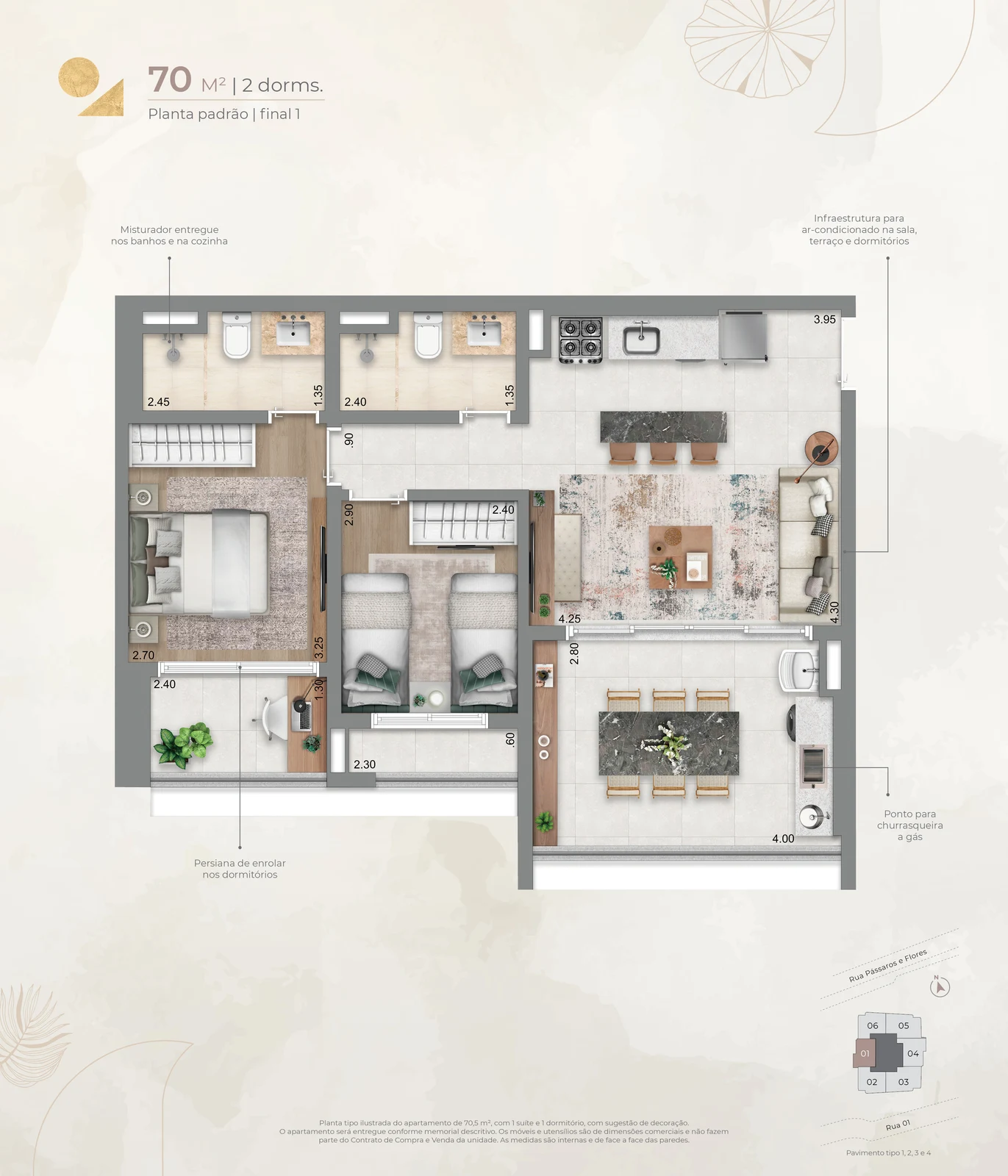 70 m² · 1 suíte e 1 dormitório