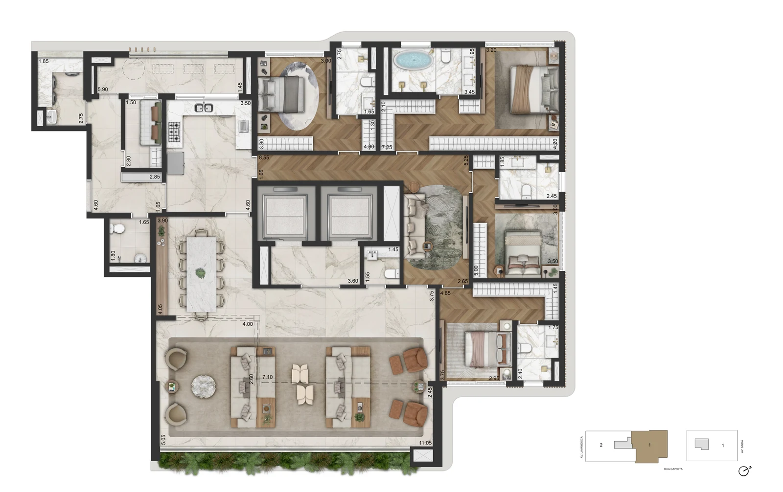 Planta tipo — 283 m² · Torre 2, final 1