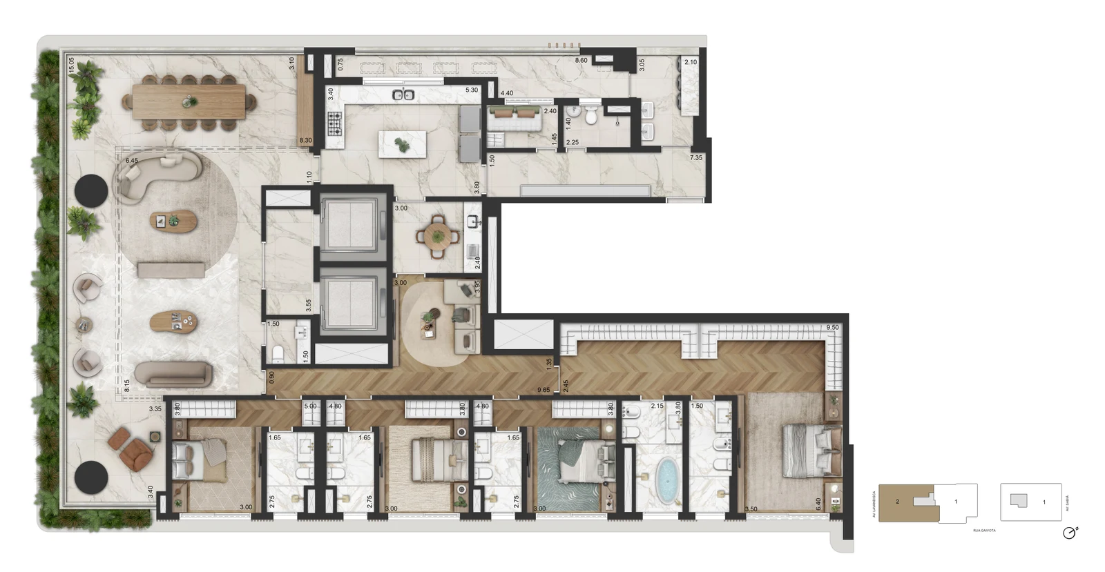 Planta tipo — 345 m² · Torre 2, final 2