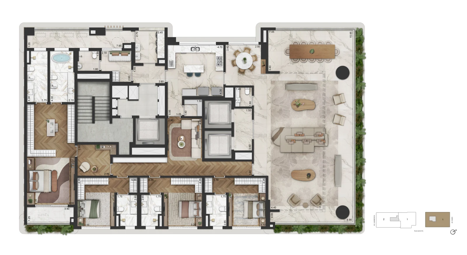 Planta tipo — 416 m² · Torre 1, andar exclusivo