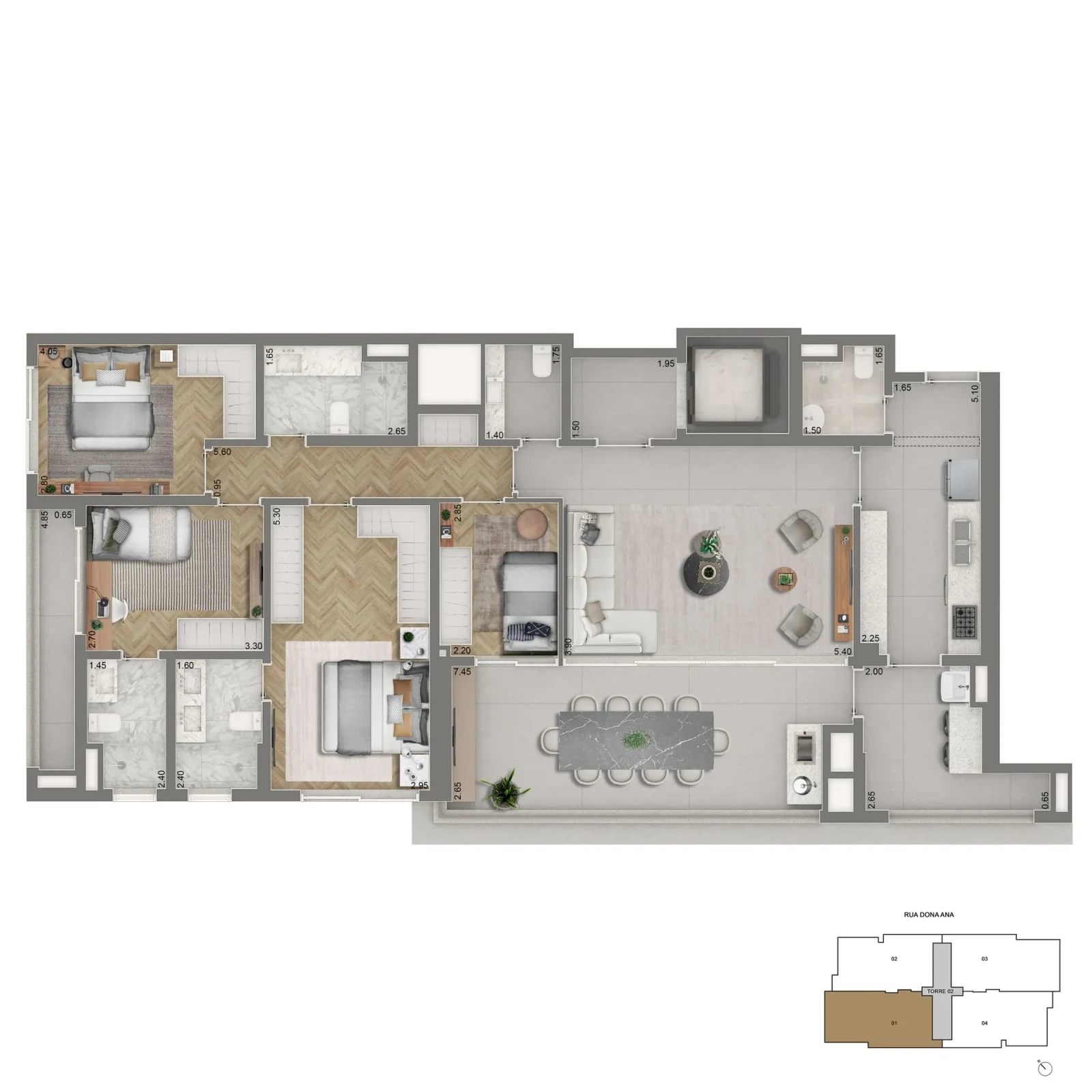 Planta padrão 155 m² · 3 suítes