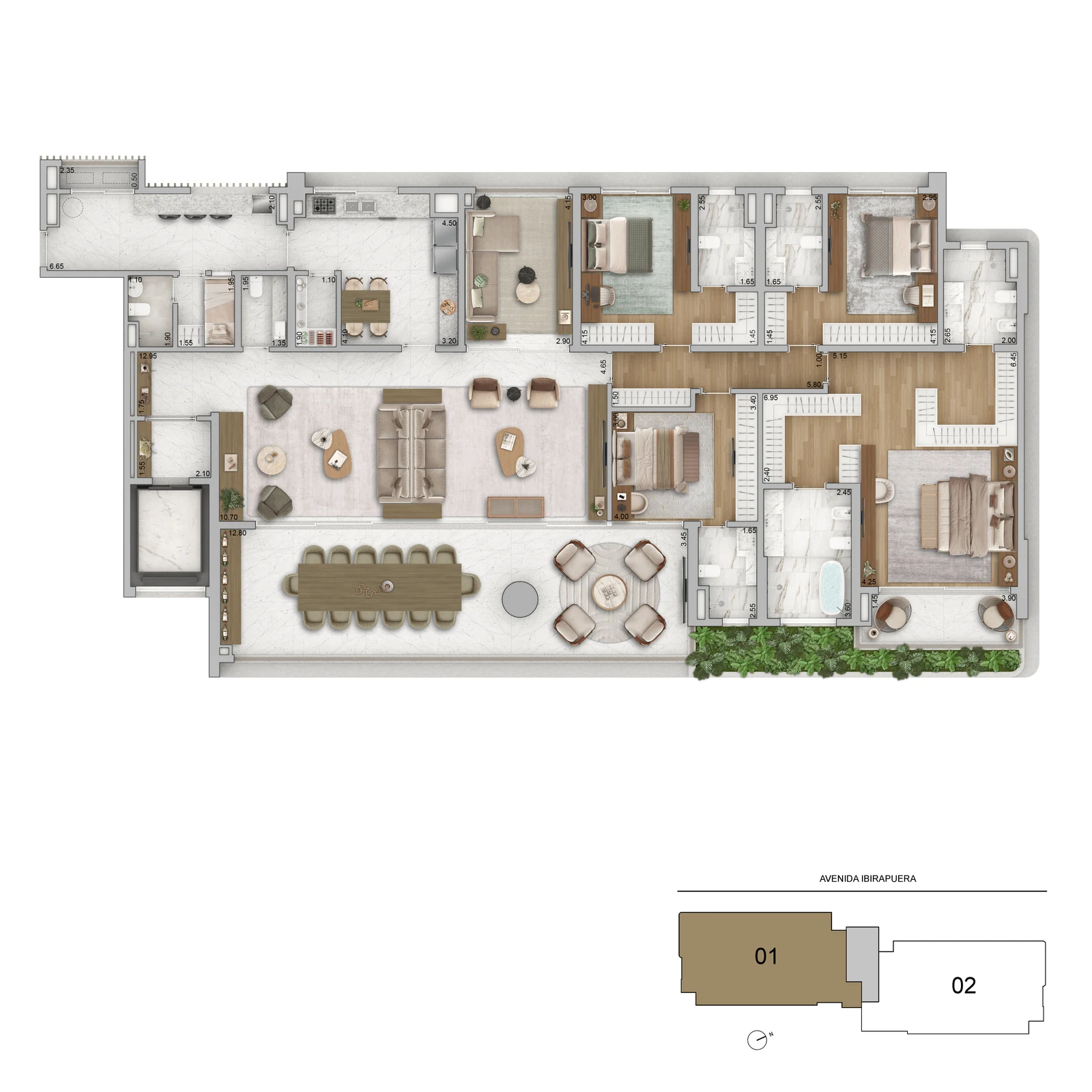 Planta tipo 320 m² — Torre 1, final 1 · 4 suítes + sala íntima