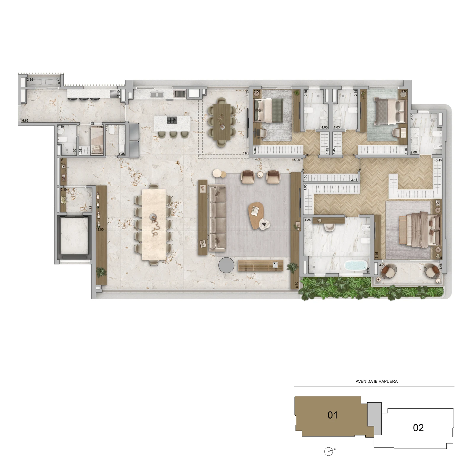 Opção 320 m² — 3 suítes com cozinha e sala ampliadas