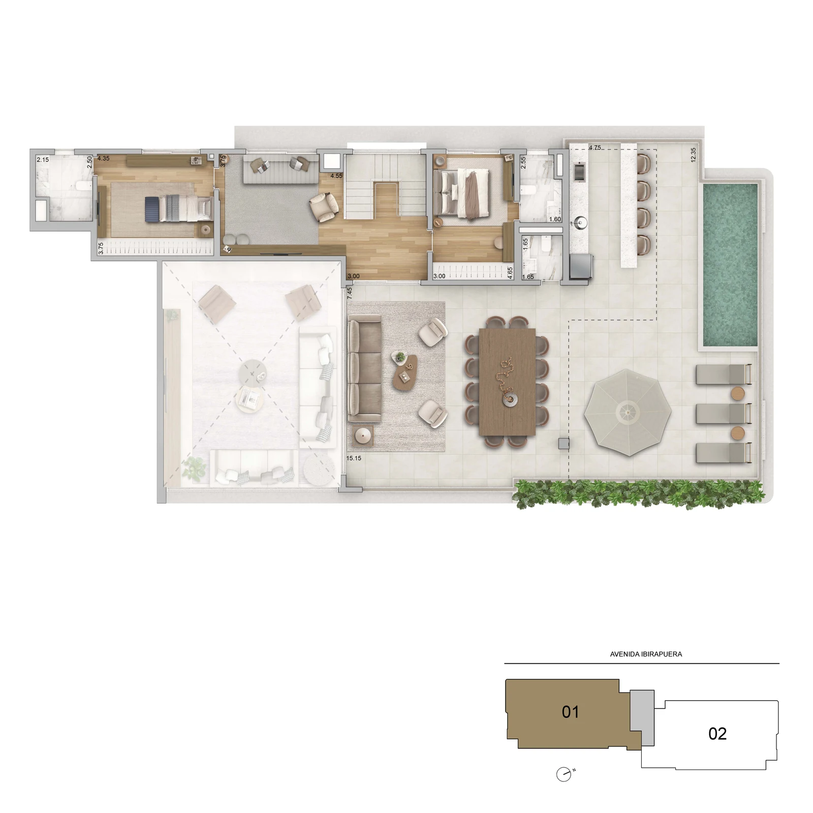 Cobertura duplex — pavimento superior · 5 suítes
