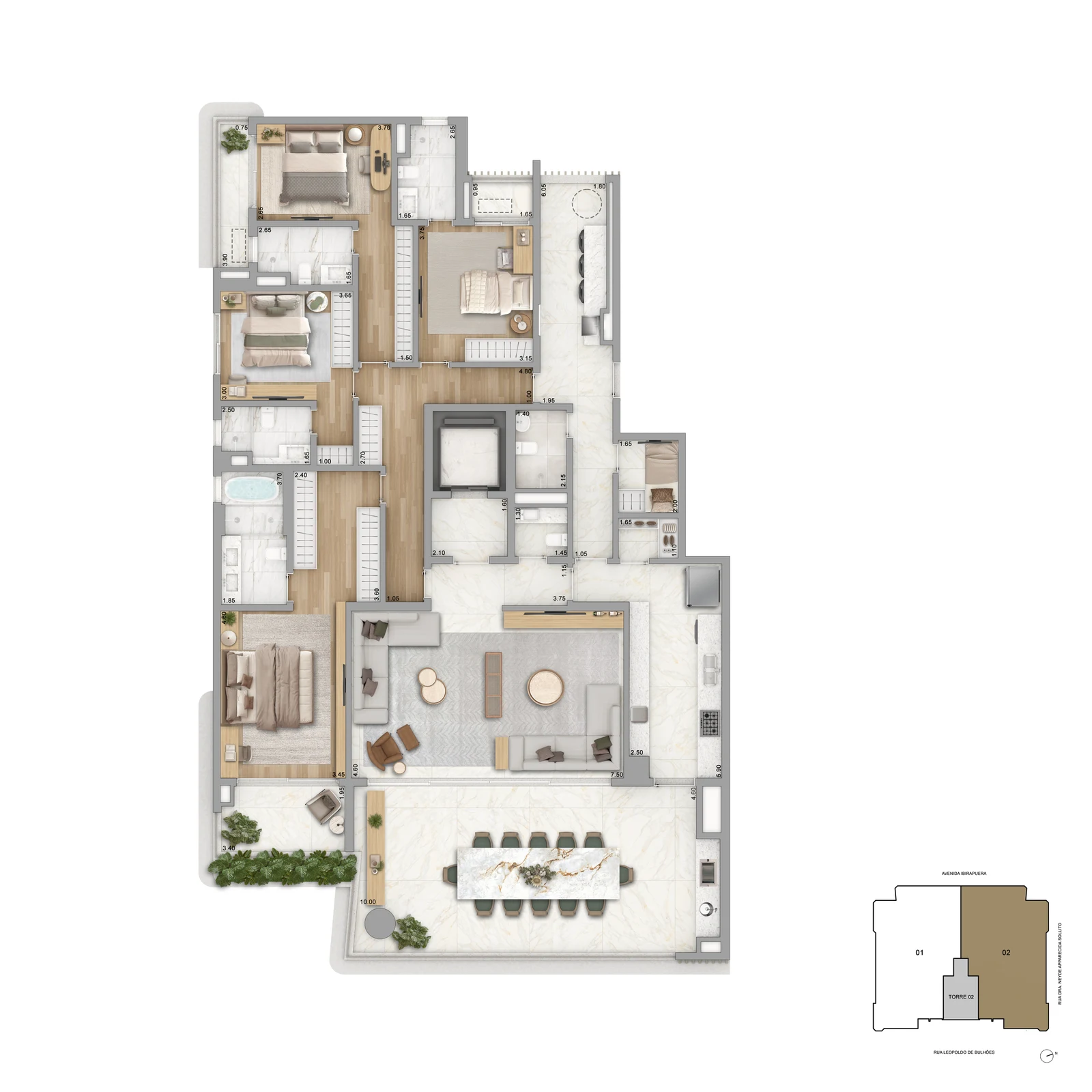Planta tipo 277 m² — Torre 2, final 2 · 4 suítes